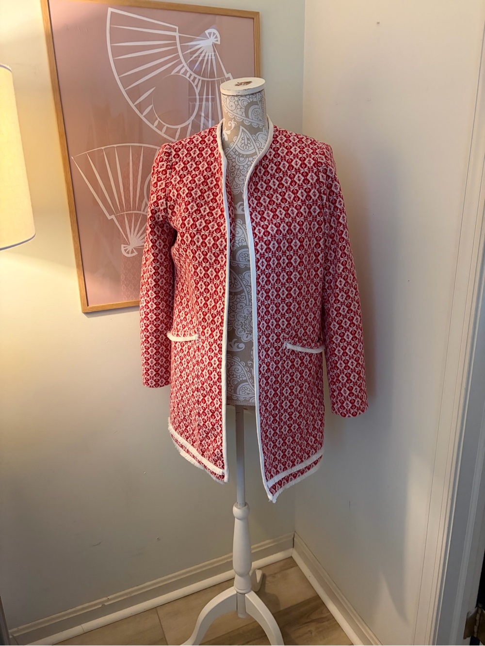 Cynthia Rowley Red and White Patterned Open-Front Blazer SMALL